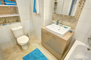 Совмещенный санузел.Ванная комната в однокомнатной квартире ЖК Царская столица.  Светлый интерьер с голубыми акцентами. Фотосъемка интерьера Дмитрий Фуфаев.