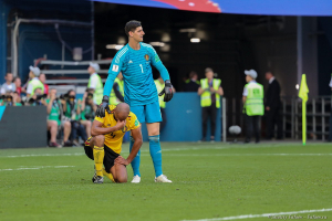 Вратарь Бельгии. Матч за 3е место.  Бельгия - Англия.  Стадион Зенит-Арена в Санкт-Петербурге.  Фотосъемка ЧМ по футболу 2018.  Фотограф Дмитрий Фуфаев.