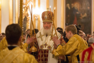 Святейший Патриарх Кирилл во время Божественной Литургии в Никольском соборе. Фото: Дмитрия Фуфаева.
